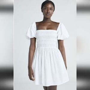 White Puff-Sleeve Smocked Mini Dress